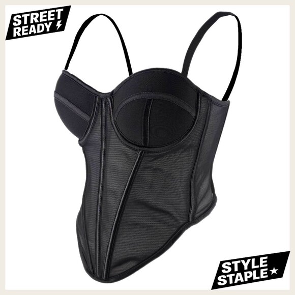 Large Mesh Corset Top with Padded Cups Detachable Straps Push-Up Bustier
